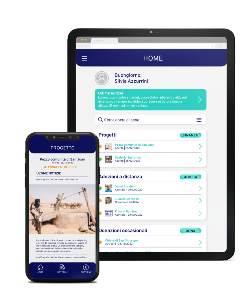 Schermate della app Donum in un tablet e in uno smartphone